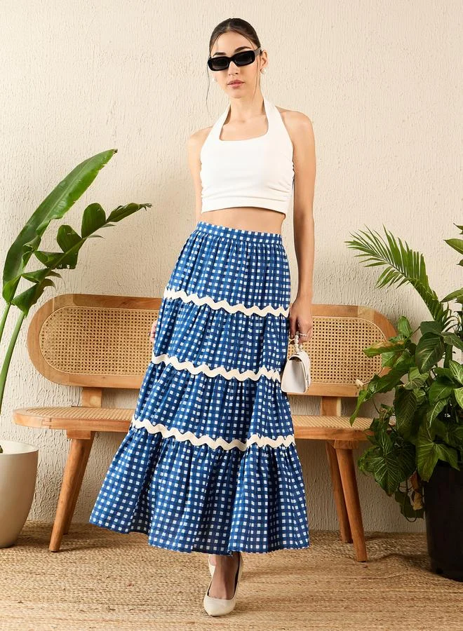 Uptownie Blue Ric-Rac Gingham Tiered Maxi Skirt