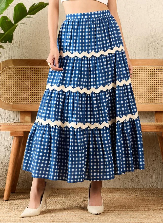 Uptownie Blue Ric-Rac Gingham Tiered Maxi Skirt