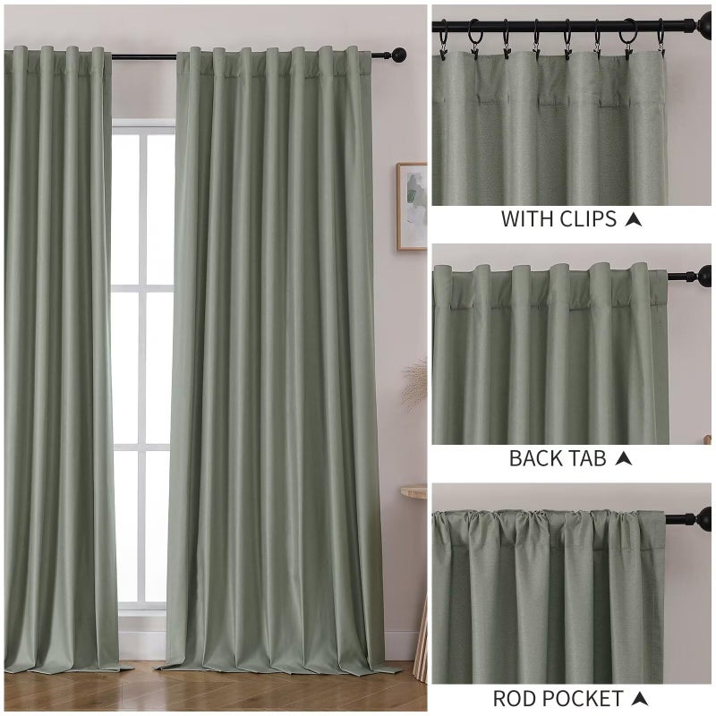 Joydeco Linen Blackout Curtains for Bedroom 72 Inches Long Back Tab/Rod Pocket Heavy Duty Living Room Drapes Thermal Insulated Noise Reduce Cancelling Curtains 2 Panels W52 x L72 Pure Sage - Image 2