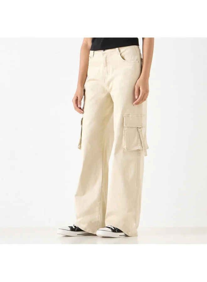 2Xtremz 2Xtremz Solid Wide Leg Cargo Jeans with Pockets