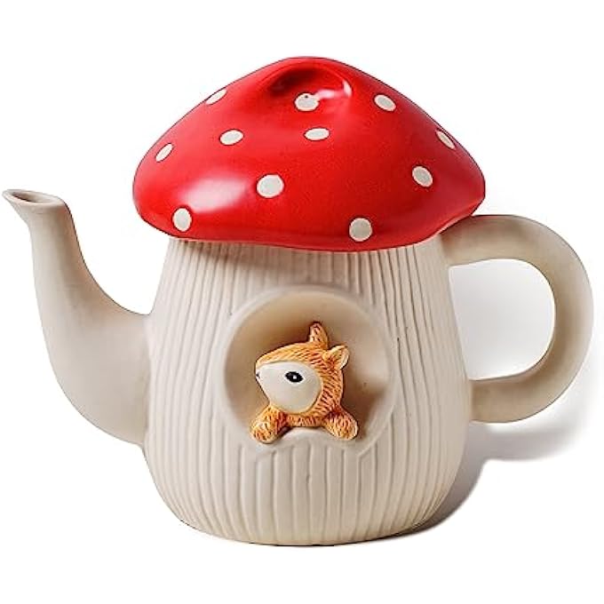 rayihni Cute Mushroom Teapot Handmade Glaze Polka Dot Lid Safety Matt Ceramic Tea Pot With Squirrel Decoration 23 Oz  680 Ml Best Gifts For Women  Girls - Image 1
