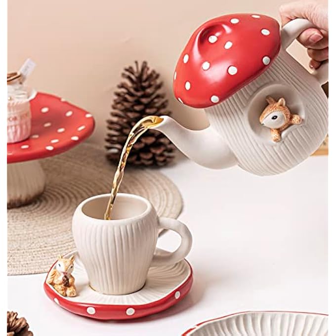rayihni Cute Mushroom Teapot Handmade Glaze Polka Dot Lid Safety Matt Ceramic Tea Pot With Squirrel Decoration 23 Oz  680 Ml Best Gifts For Women  Girls - Image 5