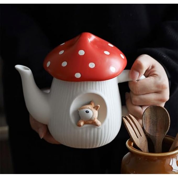 rayihni Cute Mushroom Teapot Handmade Glaze Polka Dot Lid Safety Matt Ceramic Tea Pot With Squirrel Decoration 23 Oz  680 Ml Best Gifts For Women  Girls - Image 4