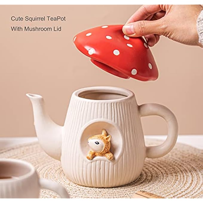 rayihni Cute Mushroom Teapot Handmade Glaze Polka Dot Lid Safety Matt Ceramic Tea Pot With Squirrel Decoration 23 Oz  680 Ml Best Gifts For Women  Girls - Image 2