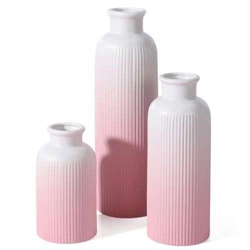 GUKJOB Small Gradient Pink Ceramic Vase Set of 3, Boho Modern Flower Vase Room Decor, Farmhouse Decor, Vases for Your Kitchen, Bathroom, Bedroom, Living Room, Office&Shelf Centerpiece Table Decorations - Image 1