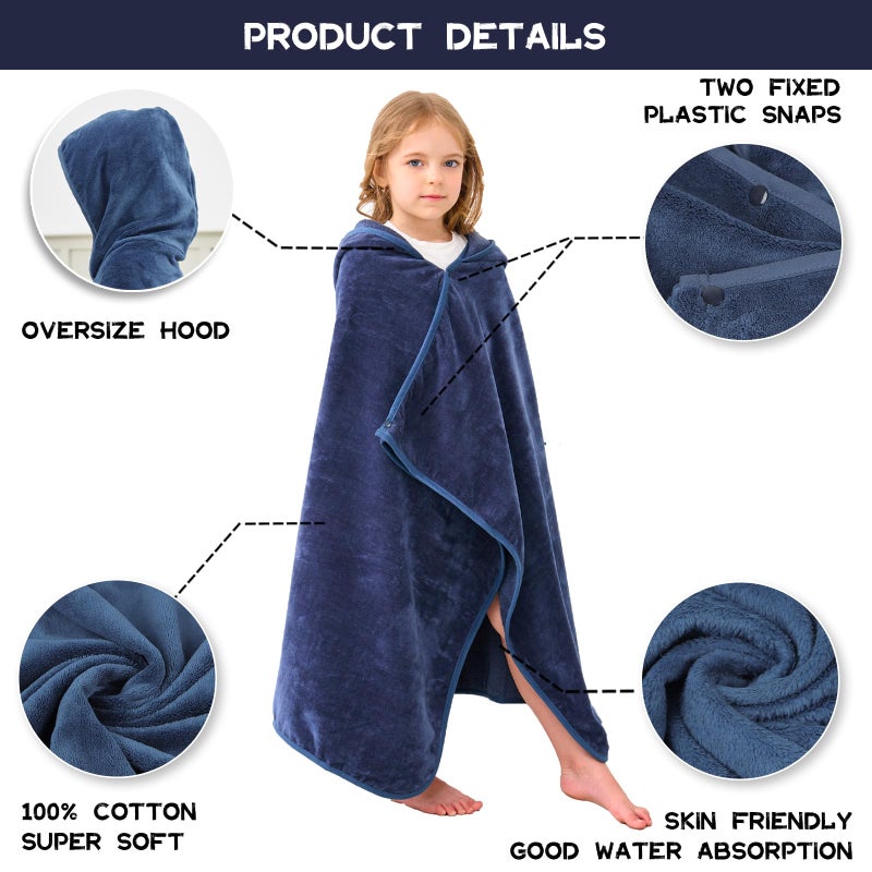 Hiturbo Kids Hooded Bath Towel: 100% Cotton Soft Thick Absorbent Towels Wrap - 50"x30" Shower Beach Pool Wearable Blanket for 3-12 Yrs Boys Girls - Navy - Image 3