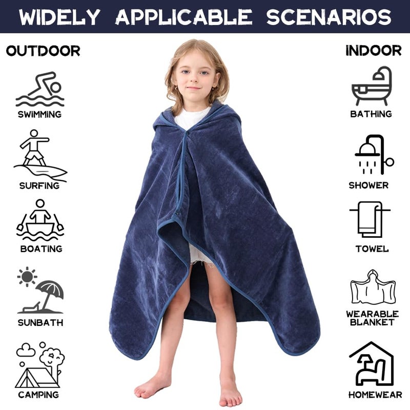 Hiturbo Kids Hooded Bath Towel: 100% Cotton Soft Thick Absorbent Towels Wrap - 50"x30" Shower Beach Pool Wearable Blanket for 3-12 Yrs Boys Girls - Navy - Image 4