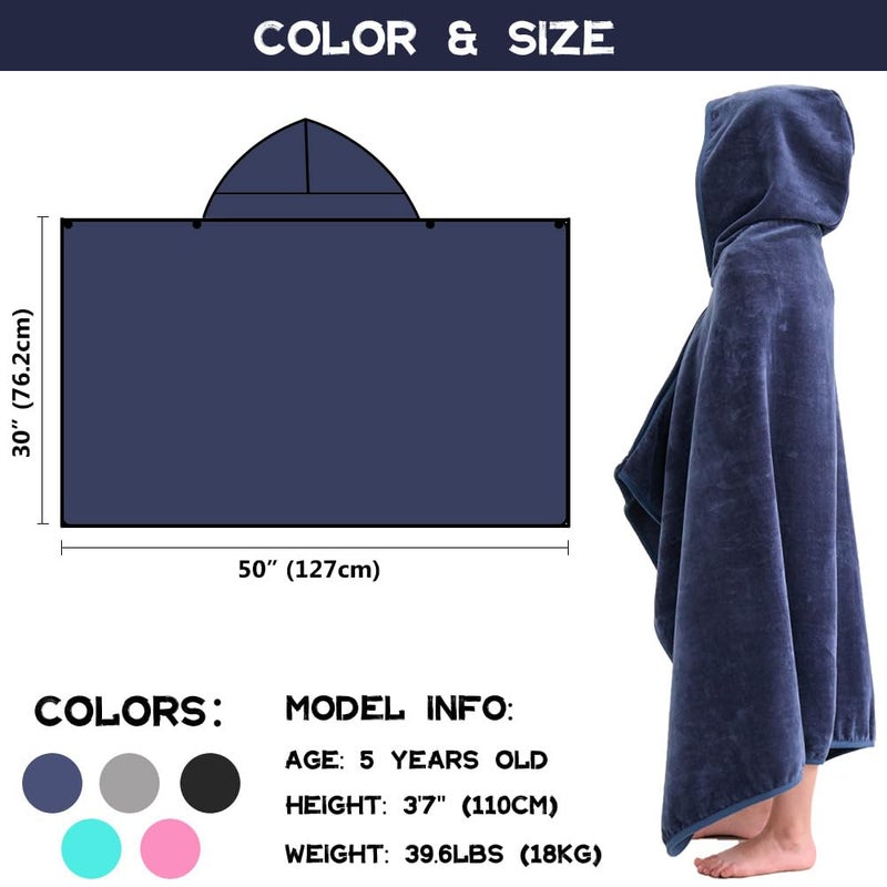 Hiturbo Kids Hooded Bath Towel: 100% Cotton Soft Thick Absorbent Towels Wrap - 50"x30" Shower Beach Pool Wearable Blanket for 3-12 Yrs Boys Girls - Navy - Image 2