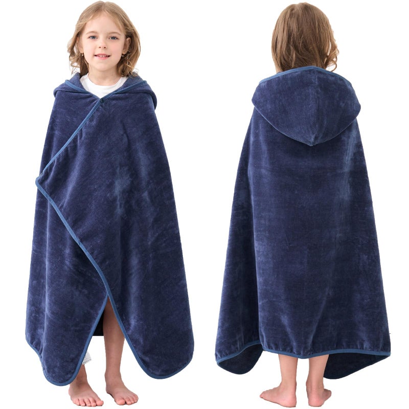 Hiturbo Kids Hooded Bath Towel: 100% Cotton Soft Thick Absorbent Towels Wrap - 50"x30" Shower Beach Pool Wearable Blanket for 3-12 Yrs Boys Girls - Navy - Image 1