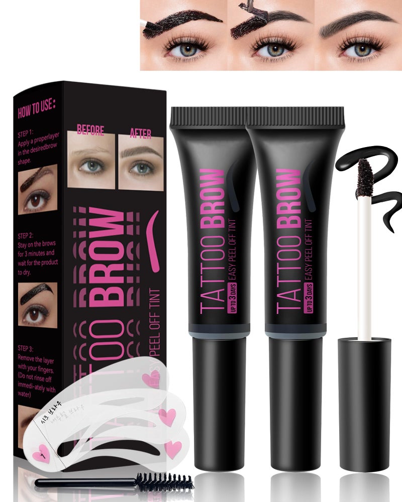 Lestpola Peel Off Tattoo Eyebrow Gel-2Pcs Black Tattoo Peel Off Eyebrow Gel Tinted, Long Lasting Waterproof Transfer-proof Eye Brow Tinting Kit for Women, Last Up to 3 Days, with Brow Stencil & Brush-03# - Image 1