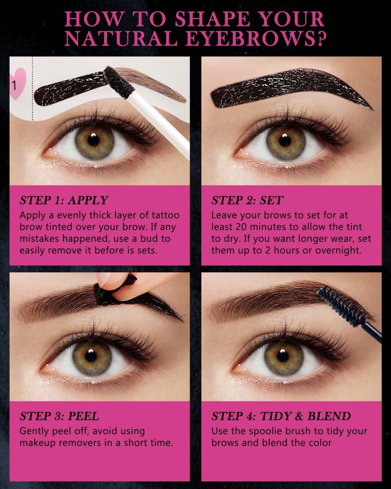 Lestpola Peel Off Tattoo Eyebrow Gel-2Pcs Black Tattoo Peel Off Eyebrow Gel Tinted, Long Lasting Waterproof Transfer-proof Eye Brow Tinting Kit for Women, Last Up to 3 Days, with Brow Stencil & Brush-03# - Image 4