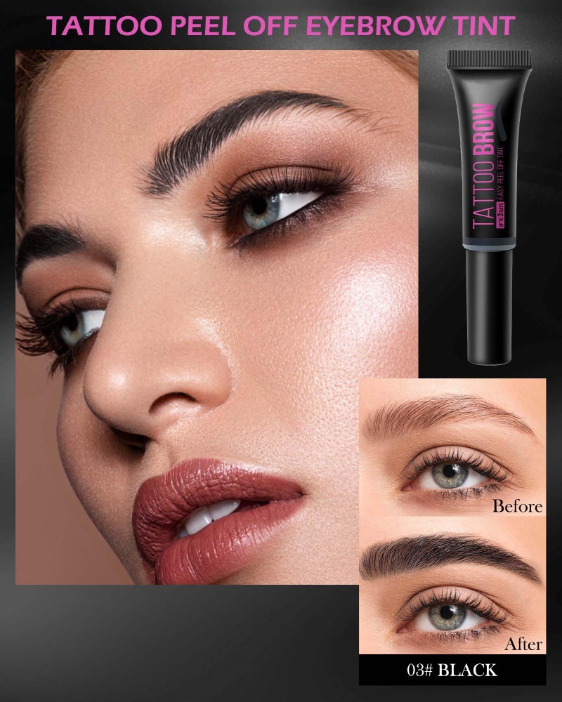 Lestpola Peel Off Tattoo Eyebrow Gel-2Pcs Black Tattoo Peel Off Eyebrow Gel Tinted, Long Lasting Waterproof Transfer-proof Eye Brow Tinting Kit for Women, Last Up to 3 Days, with Brow Stencil & Brush-03# - Image 2