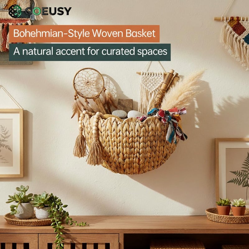 Coeusy Scalloped Wall Basket,Boho Wall Decor Basket,Big Wicker Hanging Baskets for Nursery,Door,Plants,Mail,Natural Water Hyacinth - Image 5