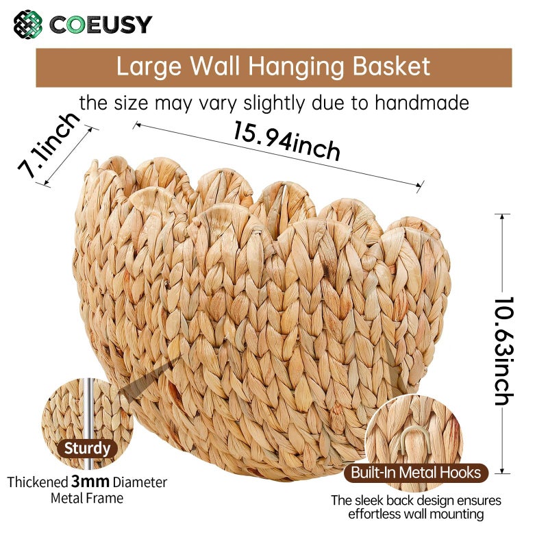 Coeusy Scalloped Wall Basket,Boho Wall Decor Basket,Big Wicker Hanging Baskets for Nursery,Door,Plants,Mail,Natural Water Hyacinth - Image 2