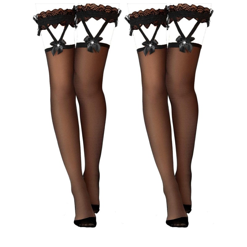 SOLARAE Bow Thigh High Socks 2 Pairs Lace Hold up Stockings Women's Suspender Stockings for Cosplay Costumes Daily Favors - Image 1