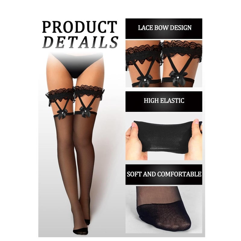 SOLARAE Bow Thigh High Socks 2 Pairs Lace Hold up Stockings Women's Suspender Stockings for Cosplay Costumes Daily Favors - Image 2