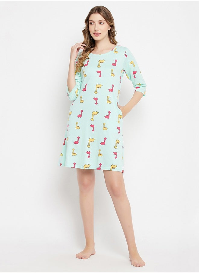Clovia Clovia Dinosaur Print Long Sleep Tee in Baby Blue - 100% Cotton  - Image 1