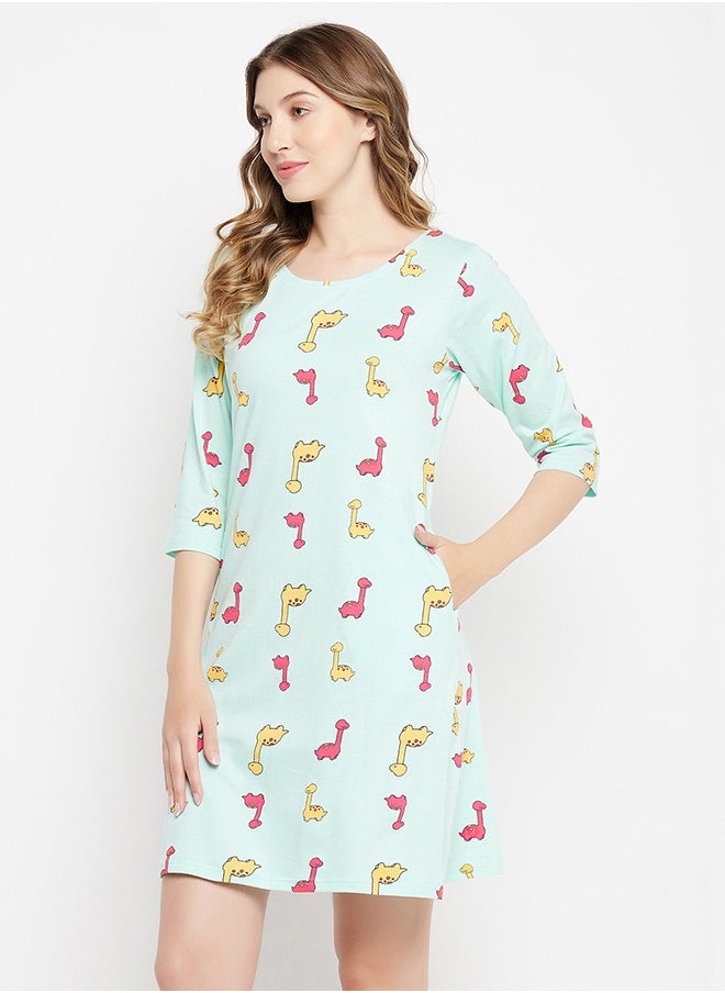 Clovia Clovia Dinosaur Print Long Sleep Tee in Baby Blue - 100% Cotton  - Image 4