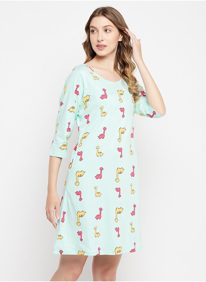 Clovia Clovia Dinosaur Print Long Sleep Tee in Baby Blue - 100% Cotton  - Image 5
