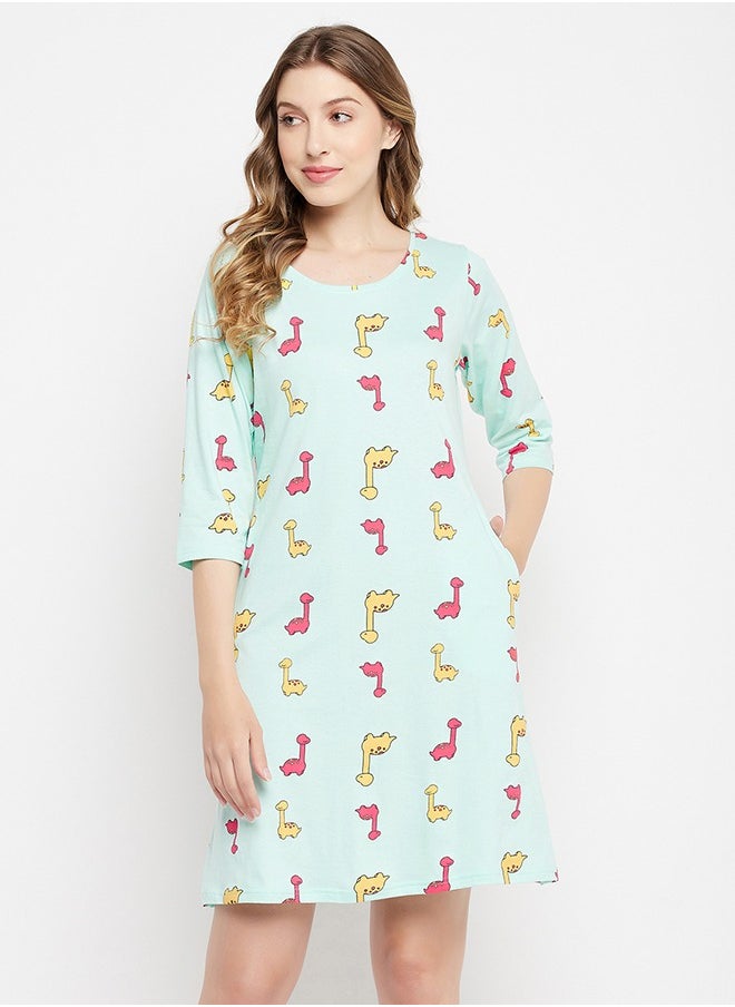 Clovia Clovia Dinosaur Print Long Sleep Tee in Baby Blue - 100% Cotton  - Image 3