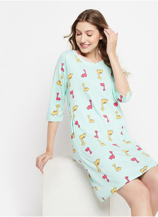 Clovia Clovia Dinosaur Print Long Sleep Tee in Baby Blue - 100% Cotton  - Image 2