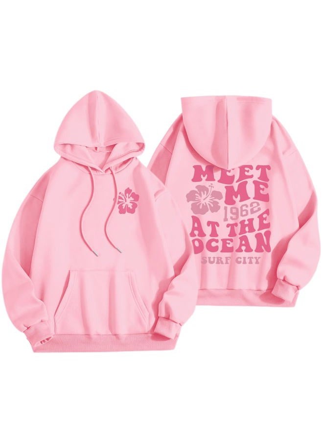 Lubpow Women's Pink Floral Hoodie, Fashionable, Casual Letter and Graphic Print, Pink, S - Image 1