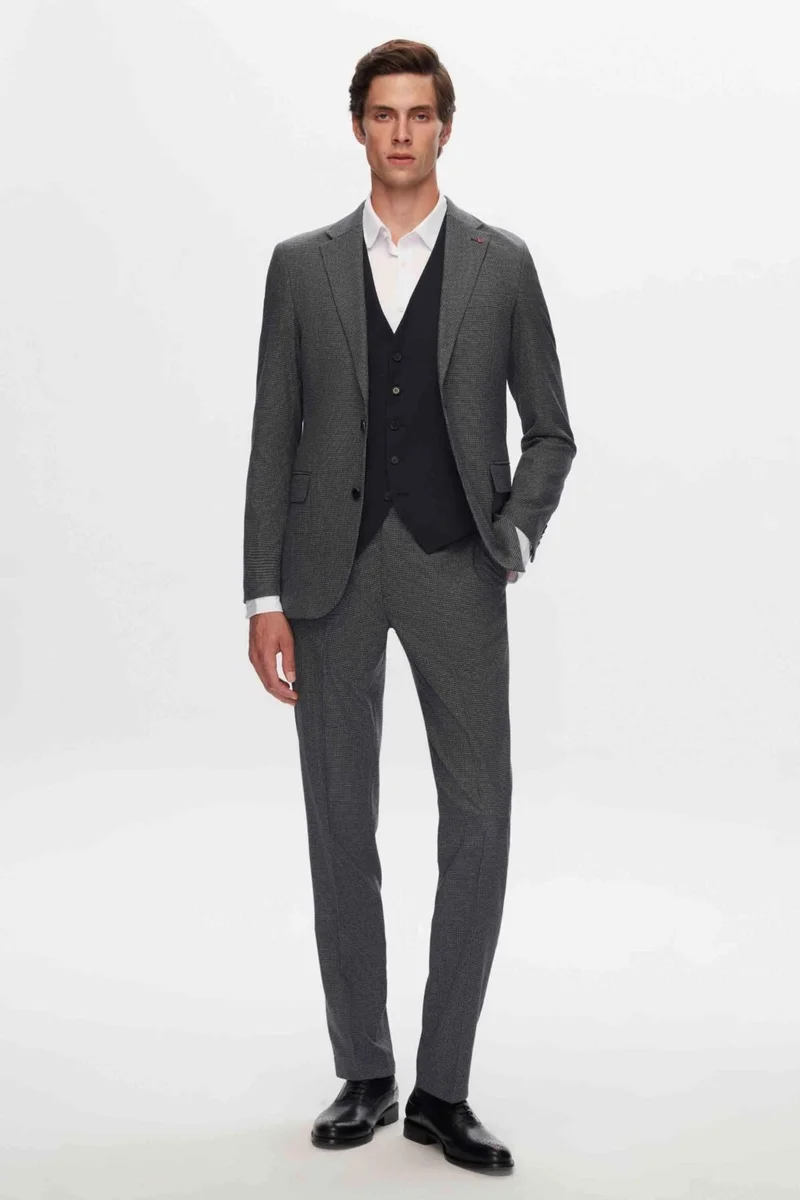 D'S DAMAT Ds Groom Slim Fit Navy Blue Mono Collar Viscose Suit Combined