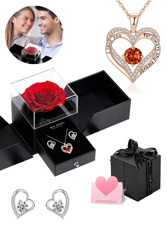 Lemon Preserved Flowers Gift Box Set Forever Red Rose with Necklace and Earrings for Mom Daughter Girlfriend Wife on Anniversary Wedding Birthday  - Image 1