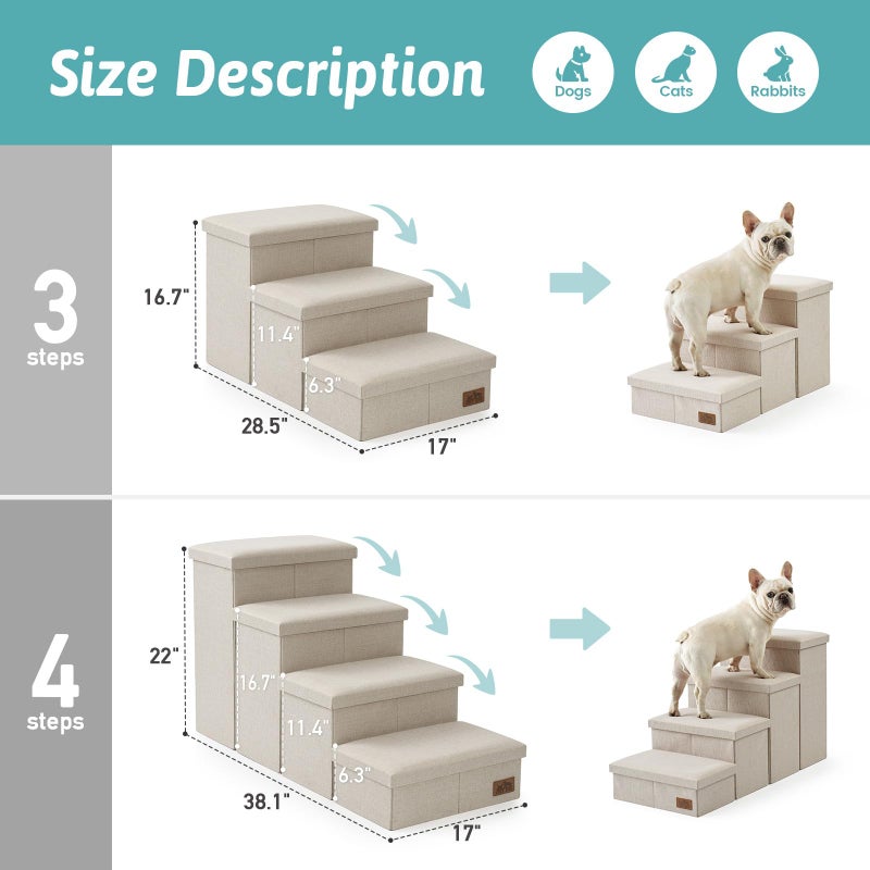 COZY KISS Dog Stairs with Storage, 4-Step Wider Sturdy Dog Steps for Small/Medium/Large Dogs and Older Cats, Folding Doggie Ramp for Bed/Couch/Car Hold Up to 180 lbs (22" H, Beige) - Image 2