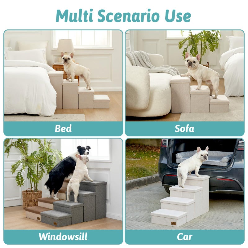 COZY KISS Dog Stairs with Storage, 4-Step Wider Sturdy Dog Steps for Small/Medium/Large Dogs and Older Cats, Folding Doggie Ramp for Bed/Couch/Car Hold Up to 180 lbs (22" H, Beige) - Image 5
