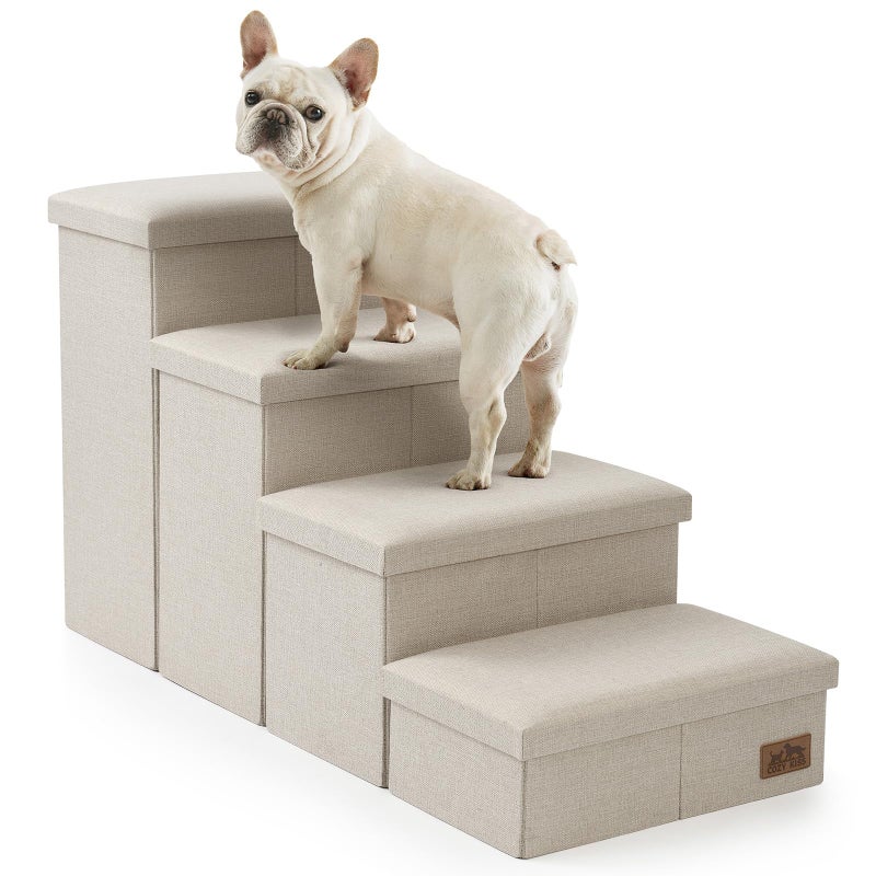 COZY KISS Dog Stairs with Storage, 4-Step Wider Sturdy Dog Steps for Small/Medium/Large Dogs and Older Cats, Folding Doggie Ramp for Bed/Couch/Car Hold Up to 180 lbs (22" H, Beige) - Image 1