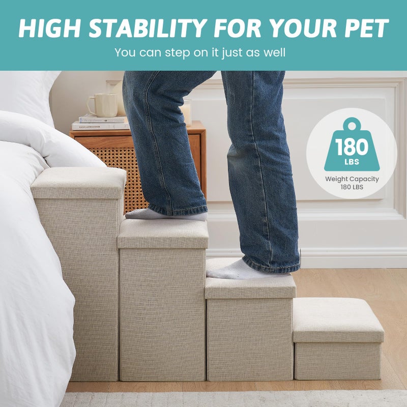 COZY KISS Dog Stairs with Storage, 4-Step Wider Sturdy Dog Steps for Small/Medium/Large Dogs and Older Cats, Folding Doggie Ramp for Bed/Couch/Car Hold Up to 180 lbs (22" H, Beige) - Image 4