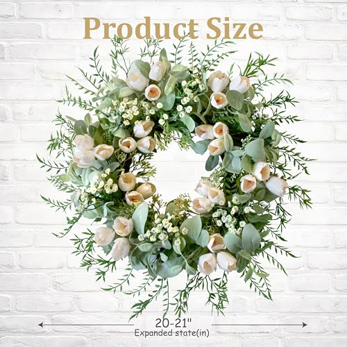 Montekin 20 Inch White Tulip Wreath for Front Door with Lamb's Ear, Spring Summer Easter Door Wreath with Tulips, Artificial Flower Wreath for Modern Farmhouse Wall Wedding Year Round Home Decor - Image 5