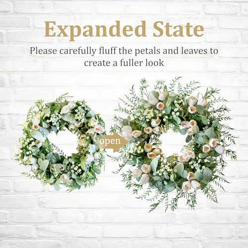 Montekin 20 Inch White Tulip Wreath for Front Door with Lamb's Ear, Spring Summer Easter Door Wreath with Tulips, Artificial Flower Wreath for Modern Farmhouse Wall Wedding Year Round Home Decor - Image 4