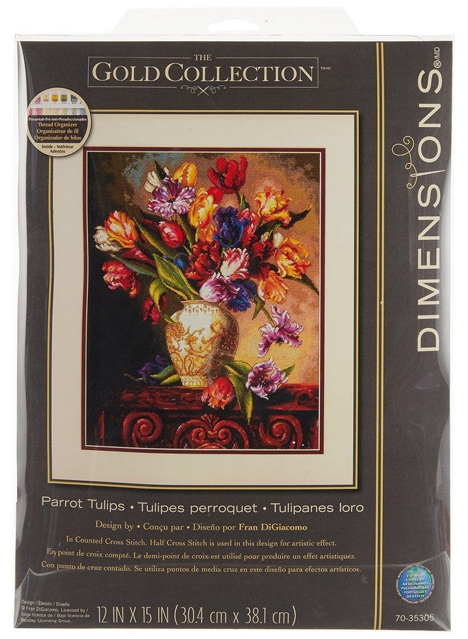 Dimensions Gold Collection Counted Cross Stitch Kit Parrot Tulips 14 Count Black Aida 12'' X 15'' - Image 1