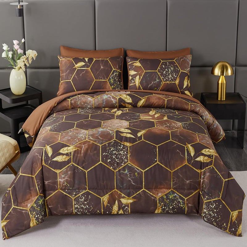 ANGIYUIN 7 Pcs Brown Comforter Sets Queen 3D Honeycomb Bed in A Bag Marble Watercolor Comforter Bedding Sets Foil Print Bed Sets with Matched Sheets Pillowcases(Brown, Queen) - Image 1
