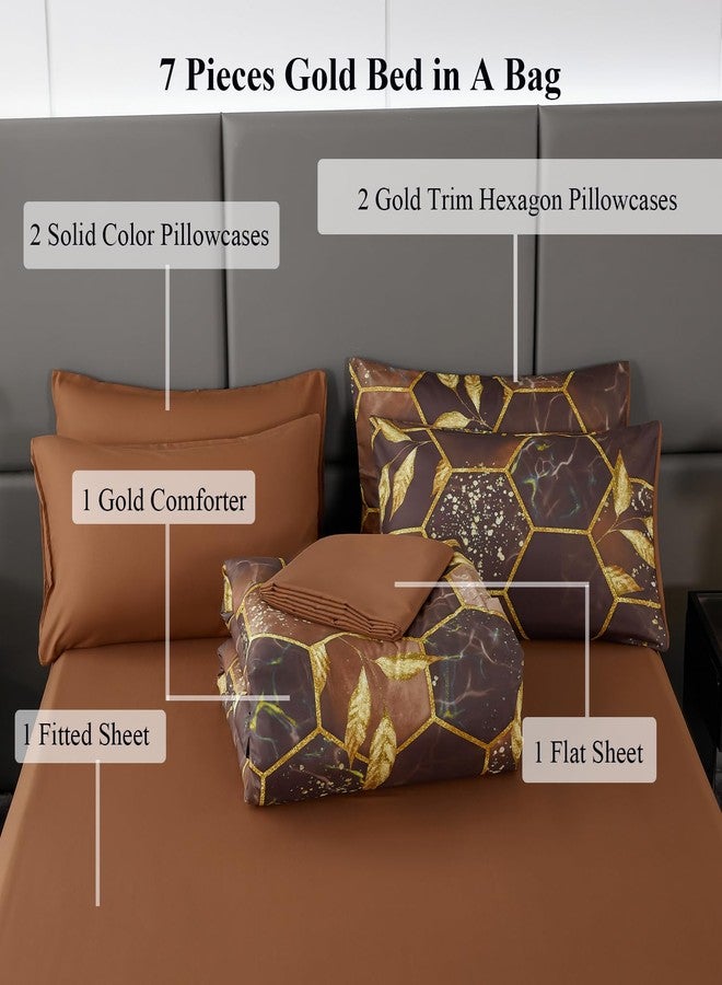 ANGIYUIN 7 Pcs Brown Comforter Sets Queen 3D Honeycomb Bed in A Bag Marble Watercolor Comforter Bedding Sets Foil Print Bed Sets with Matched Sheets Pillowcases(Brown, Queen) - Image 3