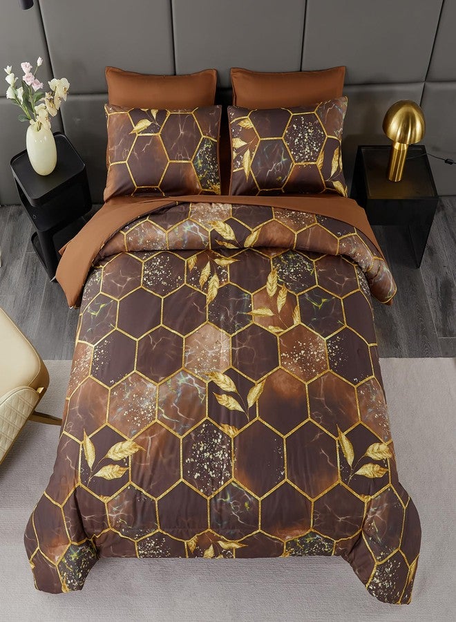 ANGIYUIN 7 Pcs Brown Comforter Sets Queen 3D Honeycomb Bed in A Bag Marble Watercolor Comforter Bedding Sets Foil Print Bed Sets with Matched Sheets Pillowcases(Brown, Queen) - Image 2