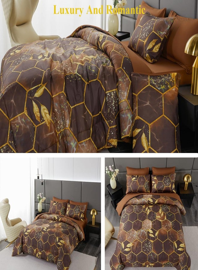 ANGIYUIN 7 Pcs Brown Comforter Sets Queen 3D Honeycomb Bed in A Bag Marble Watercolor Comforter Bedding Sets Foil Print Bed Sets with Matched Sheets Pillowcases(Brown, Queen) - Image 4