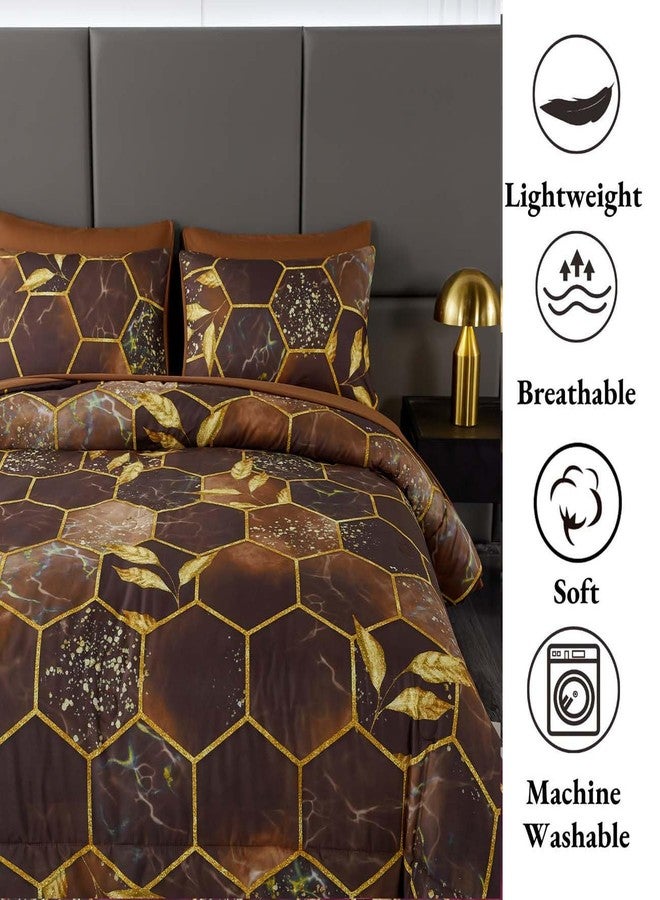 ANGIYUIN 7 Pcs Brown Comforter Sets Queen 3D Honeycomb Bed in A Bag Marble Watercolor Comforter Bedding Sets Foil Print Bed Sets with Matched Sheets Pillowcases(Brown, Queen) - Image 5