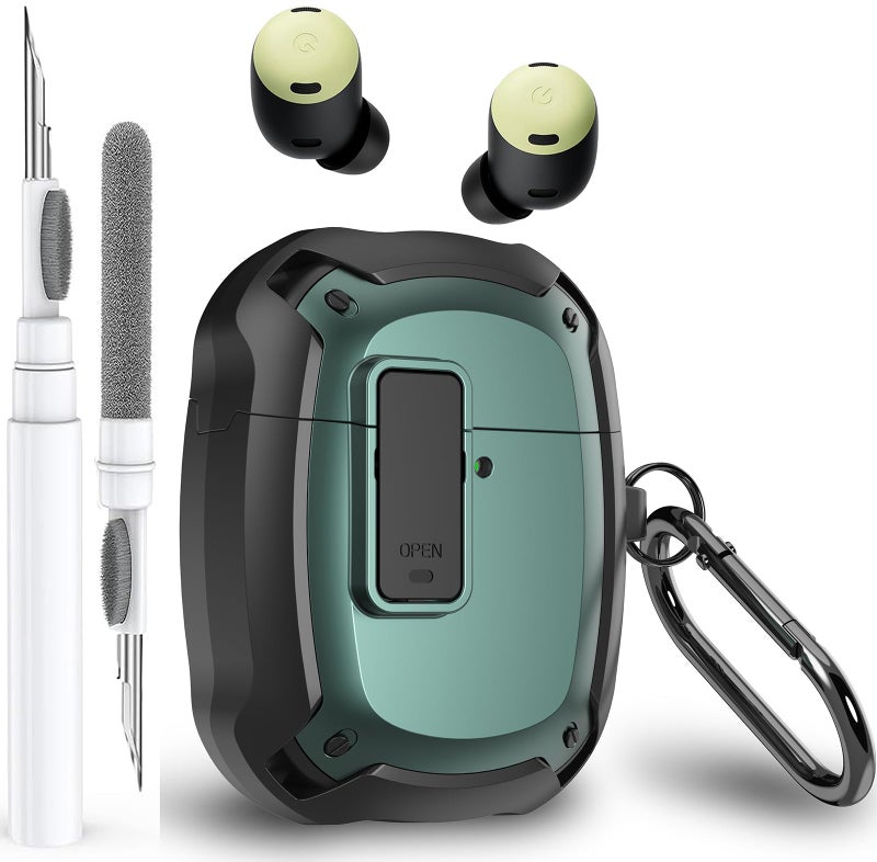 Olytop for Google Pixel Buds Pro/Pro 2 Case Cover with Lock Clip & Cleaner Pen 2022/2024, Shockproof Protective Hard Shell Skin with Carabiner Men Women - Black/Green - Image 1