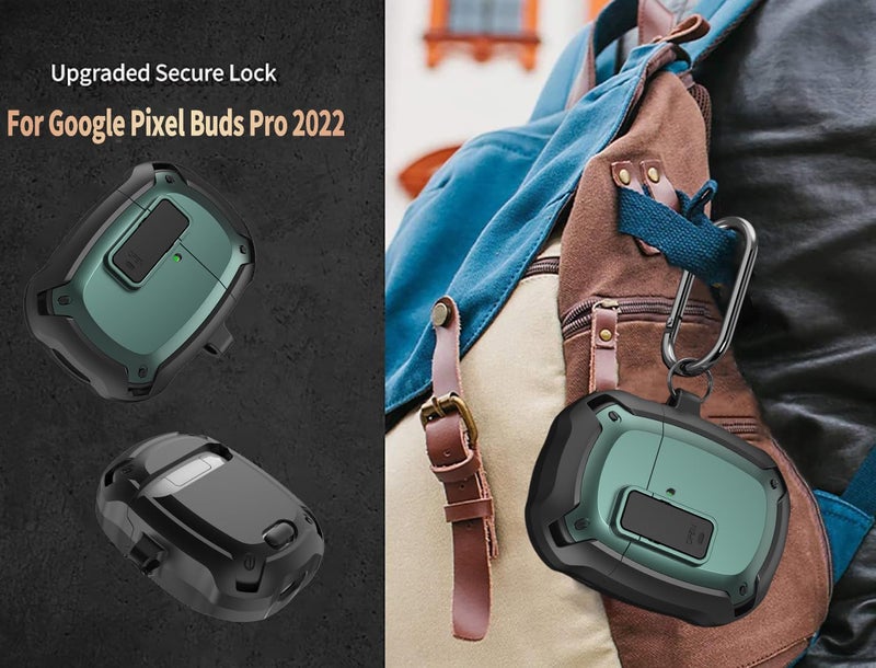 Olytop for Google Pixel Buds Pro/Pro 2 Case Cover with Lock Clip & Cleaner Pen 2022/2024, Shockproof Protective Hard Shell Skin with Carabiner Men Women - Black/Green - Image 5