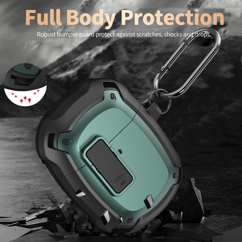 Olytop for Google Pixel Buds Pro/Pro 2 Case Cover with Lock Clip & Cleaner Pen 2022/2024, Shockproof Protective Hard Shell Skin with Carabiner Men Women - Black/Green - Image 3