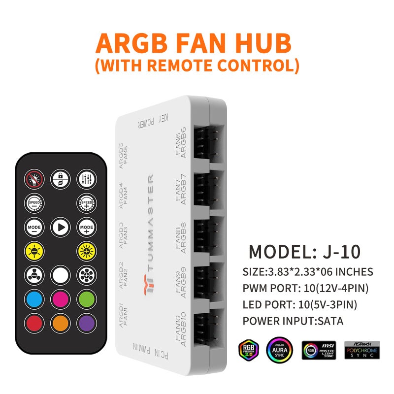 TUMMASTER ARGB Fan HUB 5V-3Pin LED Hub 4 Pin PWM Fan Controller RF Remote (J-10 (White) - Image 2