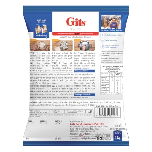 Gits Instant Rice Idli Breakfast Mix,Makes 90 Rice Idlis, Pure Veg, Authentic South Indian Breakfast Recipe, 1Kg - Image 2