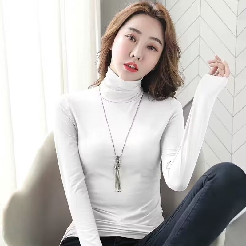 2023 new high quality autumn long sleeve white T-shirt women's slimming slim bottoming shirt V-neck shoulder collar black - Image 1