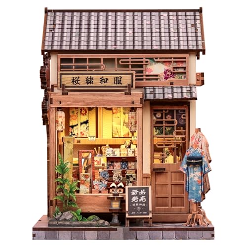 Fsolis Book Nook Kit Japanese DIY Miniature House Kit for Adults Bookshelf Diorama Japan 3D Puzzles Gifts for Women Readers Book Lovers Sakura O Kimono Shop - Image 1