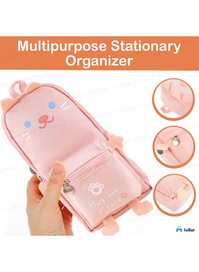 FunBlast Pencil Pouch, Stylish Pencil case, Large Capacity Hangable Canvas Pencil Case, Cute Cartoon Pouch for Kids, Kawaii Pencil Case, Aesthetic Pouch for School & College Students (Pink-Cat) - Image 2