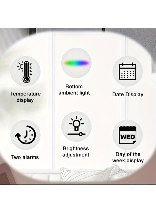 ساعة منبه رقمية LED - تعمل بمنفذ USB مع سطوع قابل للتعديل وعرض التاريخ، بتصميم تاج مسطح صغير، ساعة جانبية متعددة الوظائف للمنزل/المكتب (تتضمن إضاءة محيطية) - Image 5