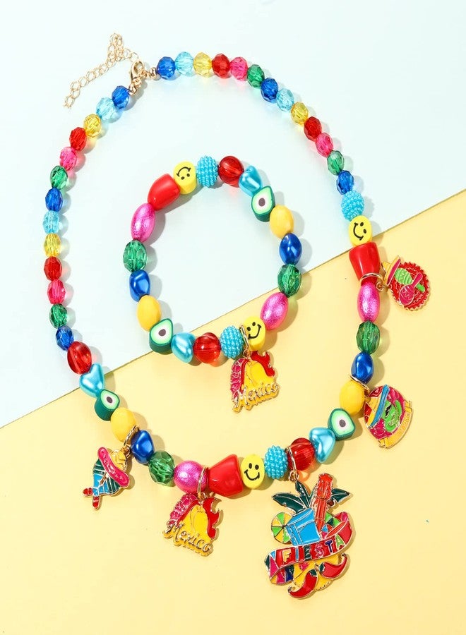 PHALIN Cinco De Mayo Necklace Bracelet Earrings for Women, Mexican Beaded Choker Necklace Stretch Bracelet Fiesta Chili Earrings Statement Mexican Accessory Jewelry Gifts (Style B) - Image 3